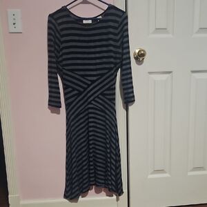 ECI Black and Gray Striped Long-Sleeve Fit-and-Flare Dress
